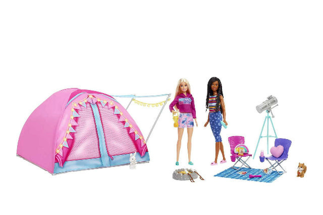 Barbie It Takes Two Let's Go Camping Tent Playset with Brooklyn & Malibu Dolls & 20 Accessories