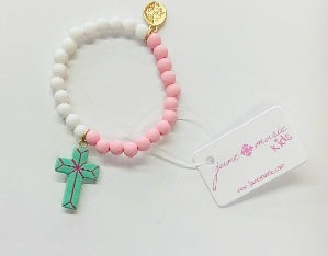 Kids Whiten And Pink Beaded Stretch Bracelet With Cross