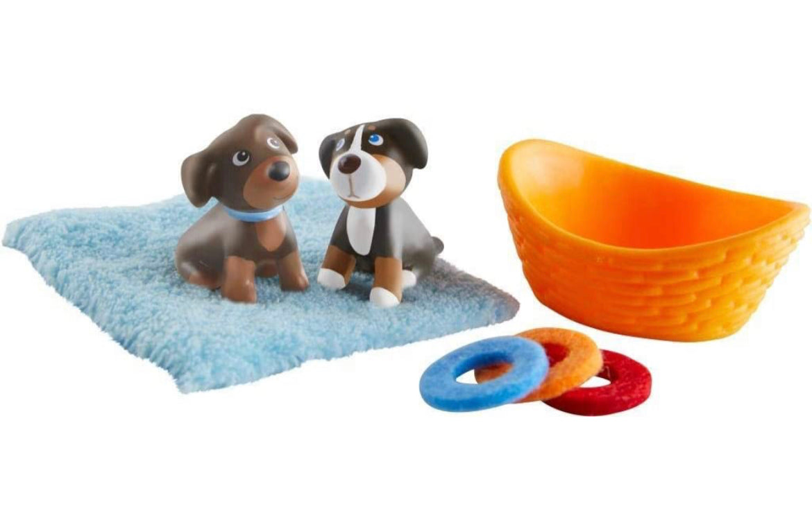 HABA Little Friends Puppies - Includes 2 Pups, Blanket, Basket and 3 Frisbees
