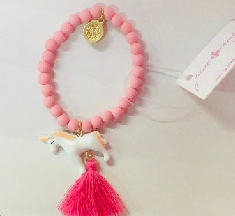 Kids Pink Beaded Stretch Bracelet With Unicorn