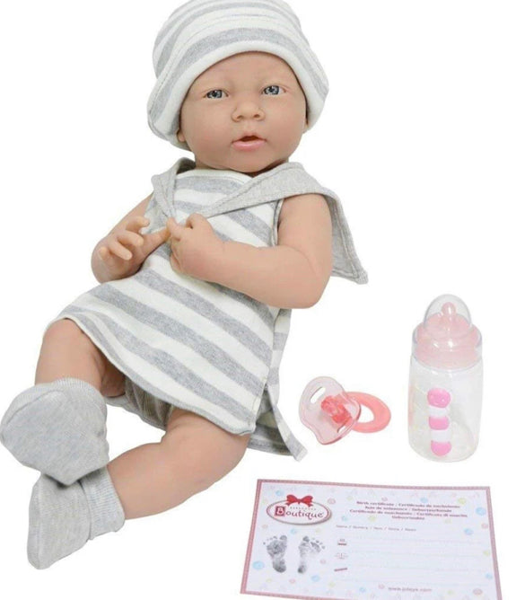 JC Toys Berenger Boutique All-Vinyl Real Girl 15in Baby Doll in Grey Striped Outfit
