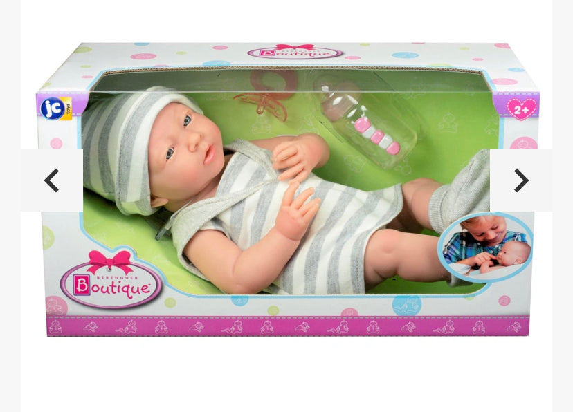 JC Toys Berenger Boutique All-Vinyl Real Girl 15in Baby Doll in Grey Striped Outfit