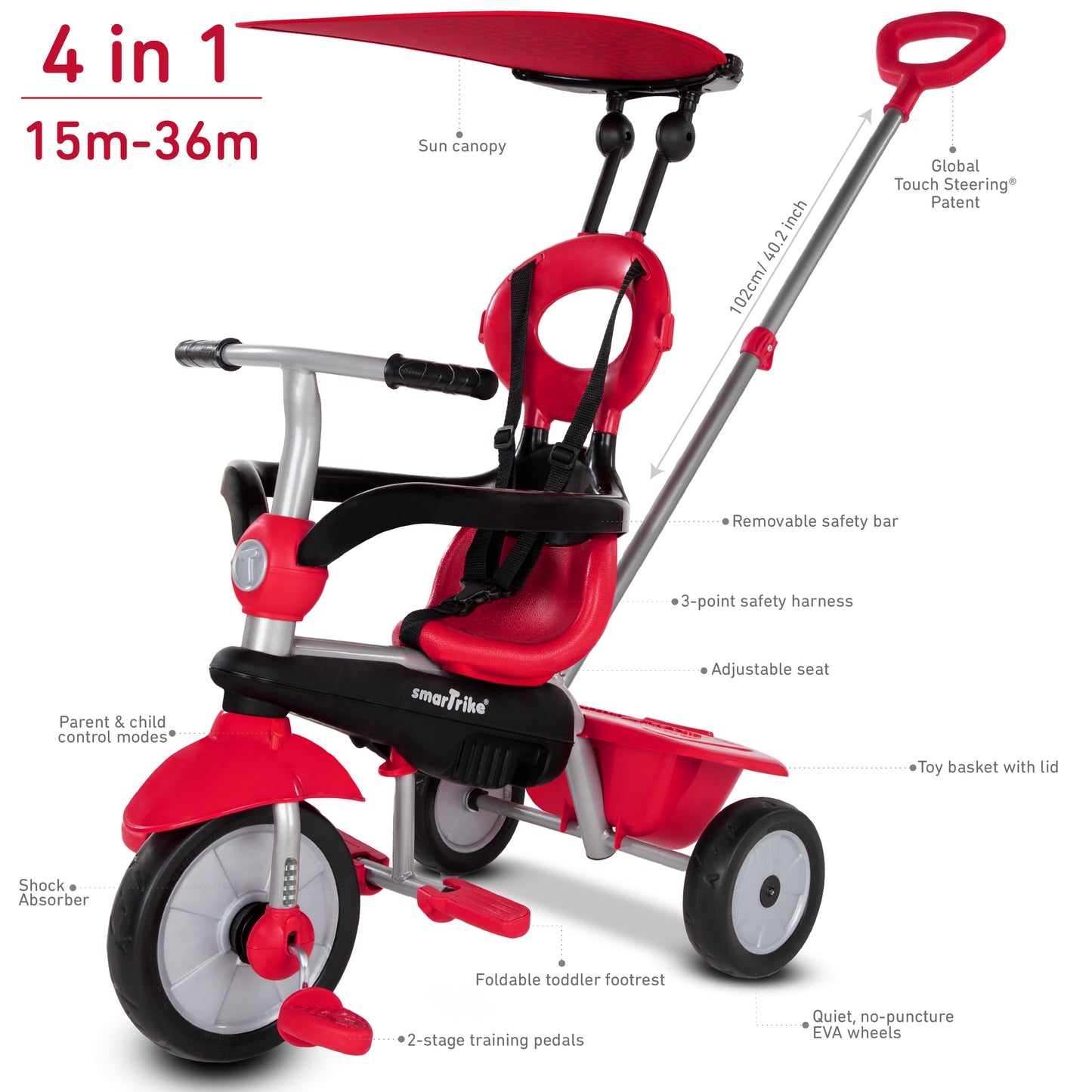 smarTrike Zoom 4 in 1 Baby Toddler Trike Tricycle - RED